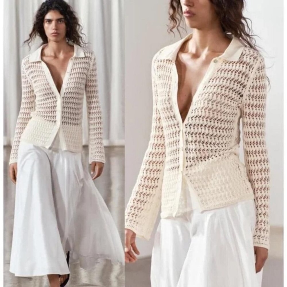 Zara Pointelle Knit Polo Cardigan Cream NWT